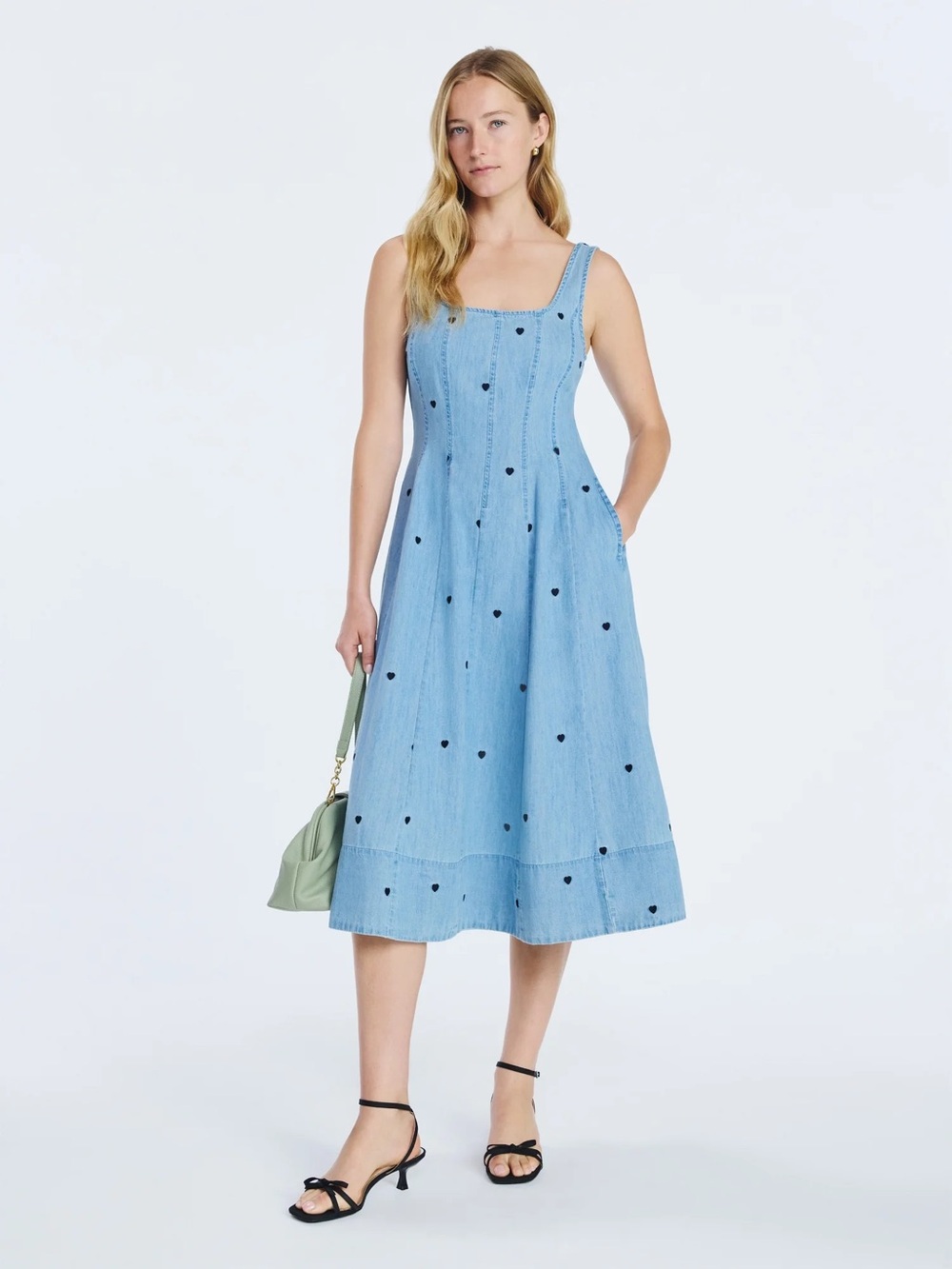 Free Assembly Sleeveless Blue Denim Midi Dress Embroidered Hearts XL